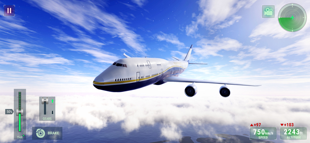 A large commercial passenger airplane flying through a blue sky above white clouds in Flight Simulator 2025