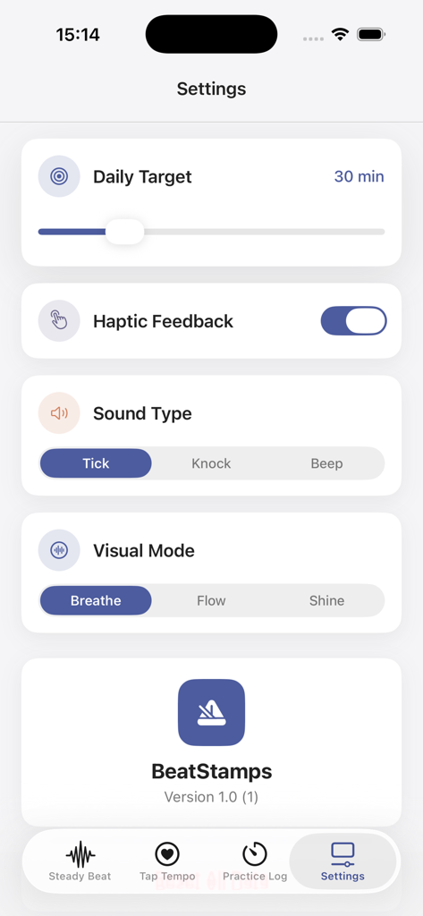 Beat Stamps - Settings screen of the Beat Stamps app showing daily practice target and sound preferences.
