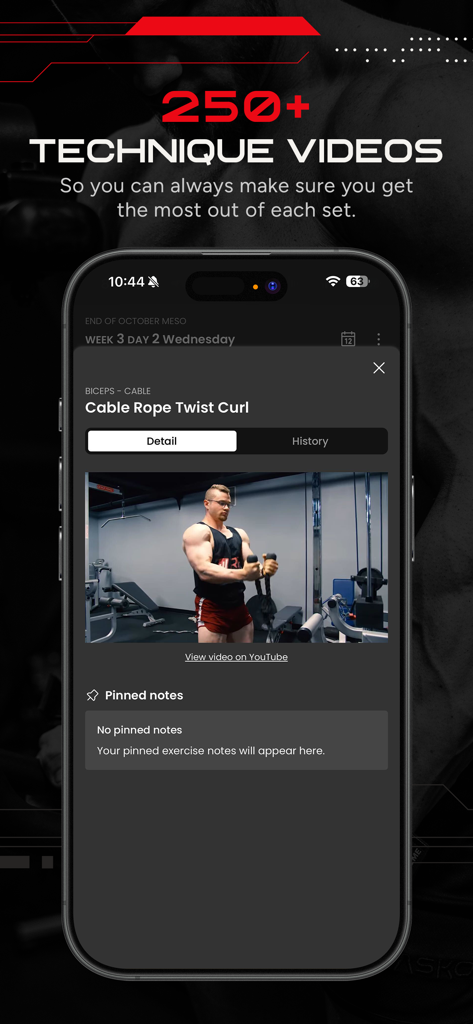 RP Hypertrophy - RP Hypertrophy app interface showing a bodybuilding technique video for cable rope twist curls.