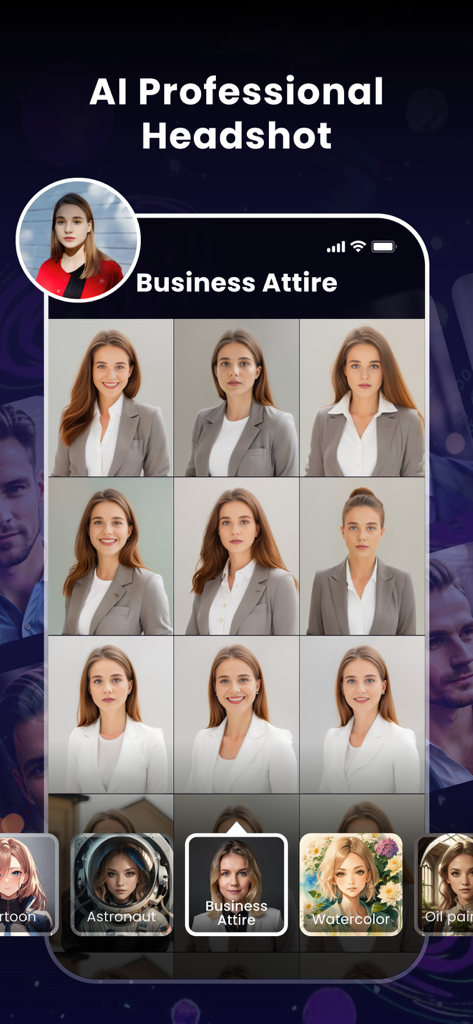 Interface of GoArt app showing AI generated professional business headshots of a woman in business attire