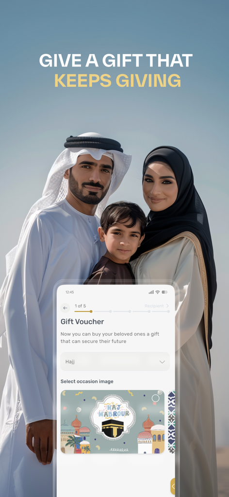 National Bonds mobile app interface displaying a gift voucher option for Hajj alongside a family in traditional attire.
