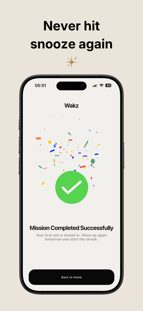 A screenshot of the Wakz alarm clock app displaying a success message after completing a morning mission