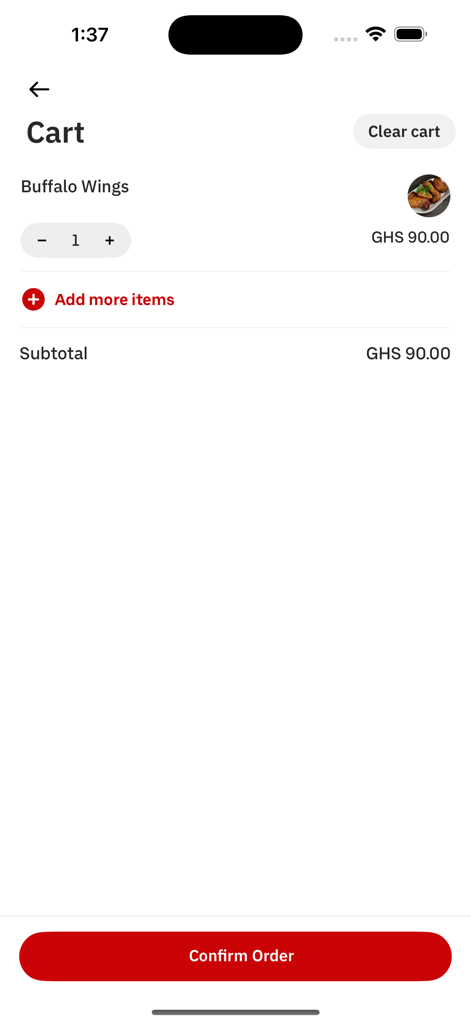 The Starbites app checkout cart showing one order of buffalo wings for 90 Ghanaian Cedis.