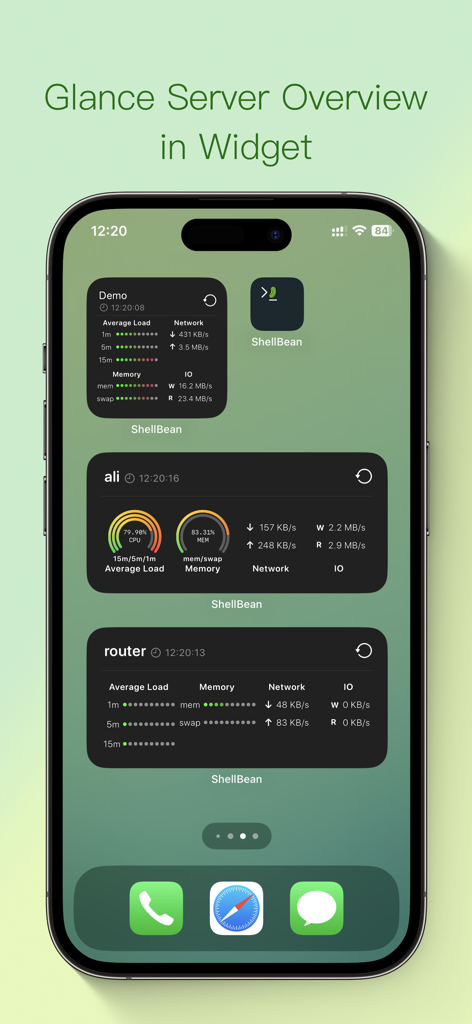 ShellBean iOSホーム画面ウィジェット。リアルタイムのサーバーCPU、メモリ、ネットワーク監視を表示しています。