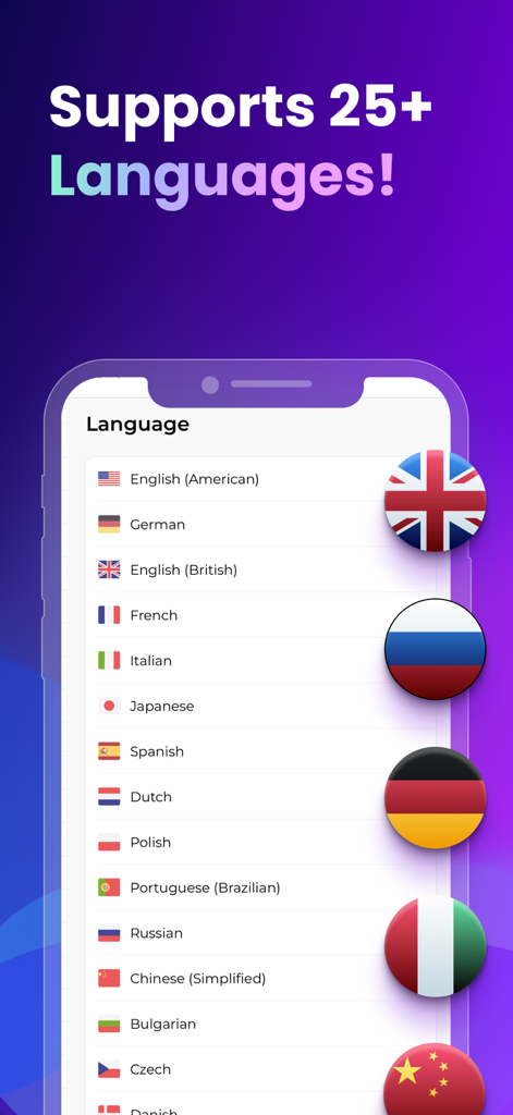 Japer AI - WritBot - Una pantalla de aplicación móvil que muestra una lista de más de 25 idiomas admitidos para la escritura con IA, incluidos inglés, alemán, francés y español.