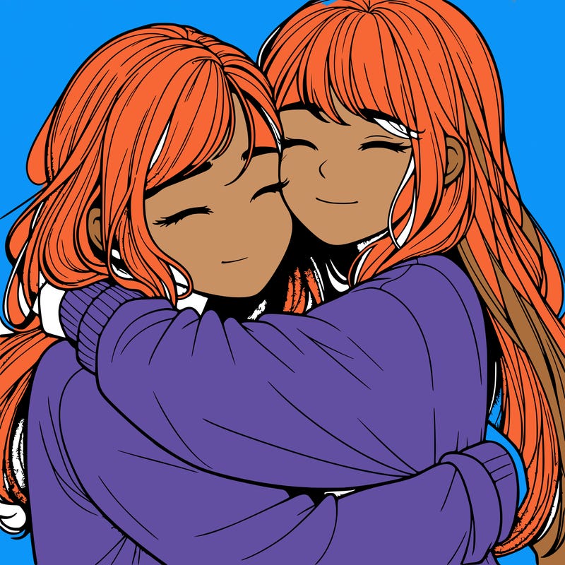 realistic two girls hugging