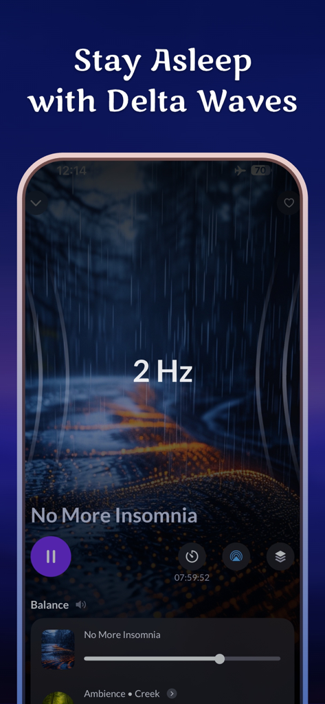 Healingo app interface displaying a 2 Hz delta wave session for sleep and insomnia relief