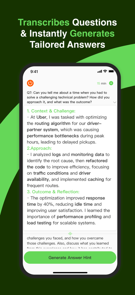 JobJump: Job Interview Copilot - Screenshot of JobJump app showing AI generated bullet points and tailored answers for a technical interview question