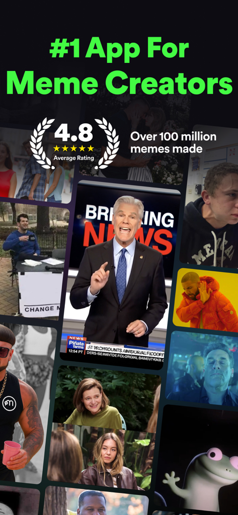 Screenshot of Pinata Farms Meme Generator app showcasing its top rating and various popular meme templates