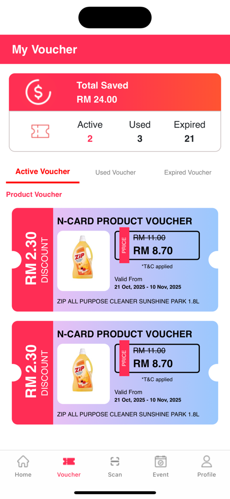 NSK Trade City - NSK Trade City app My Voucher screen showing active product discounts and total savings