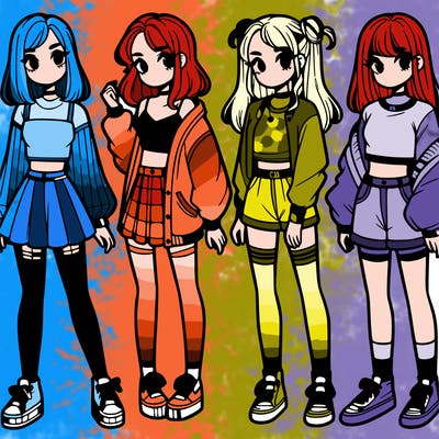 one girl with crop-top shirt and a jacket with a skirt, long socks and another girl with a shirt and pants with a jacket