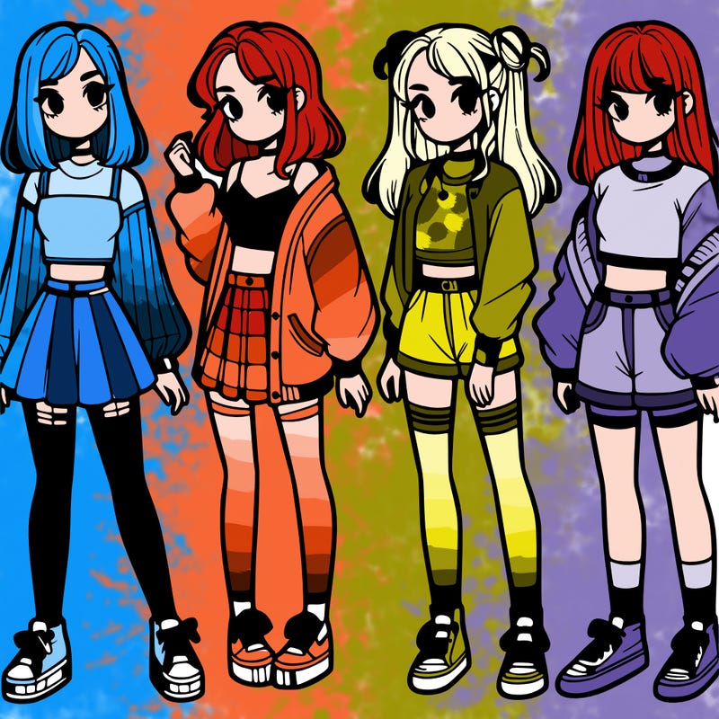 one girl with crop-top shirt and a jacket with a skirt, long socks and another girl with a shirt and pants with a jacket