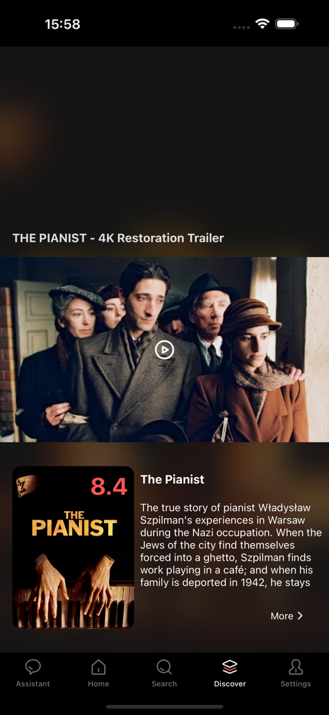 Panda Movies app Discover tab showing The Pianist movie summary and trailer