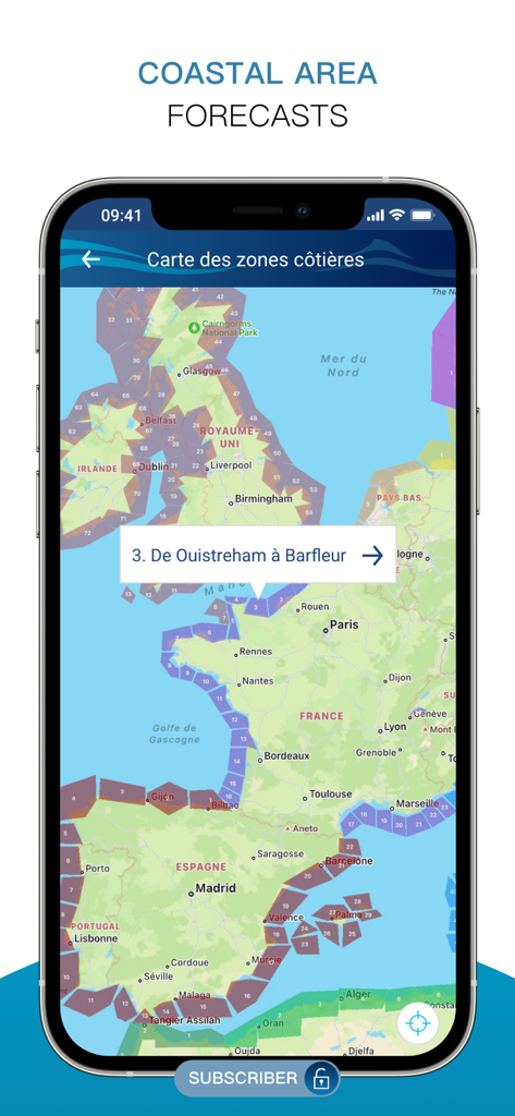 Météo Marine - Interactive coastal area weather forecast map for maritime navigation on Météo Marine app