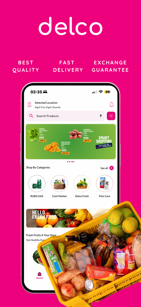 delco: Grocery, Food & More - Interfaz de aplicación móvil para la entrega de comestibles de Delco que muestra categorías de compras y una cesta llena de productos frescos