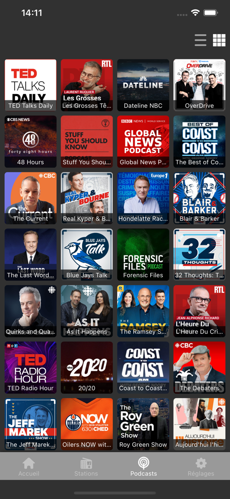 Radio Canada: Live AM FM Tuner - Una biblioteca de podcasts en la aplicación Radio Canadá con programas de noticias, deportes y entretenimiento como CBC The Current y Blue Jays Talk