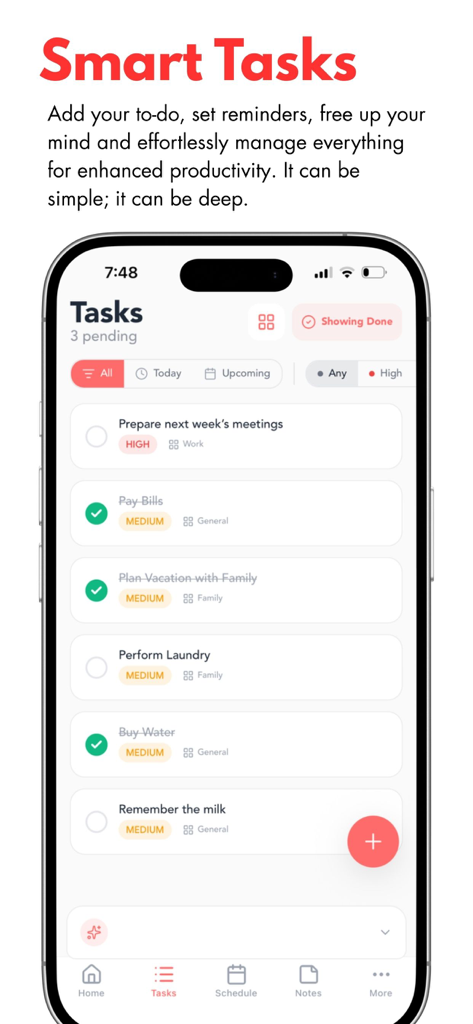 Captura de tela do aplicativo OneMind mostrando o recurso Tarefas Inteligentes com uma lista de afazeres categorizada e rótulos de prioridade.