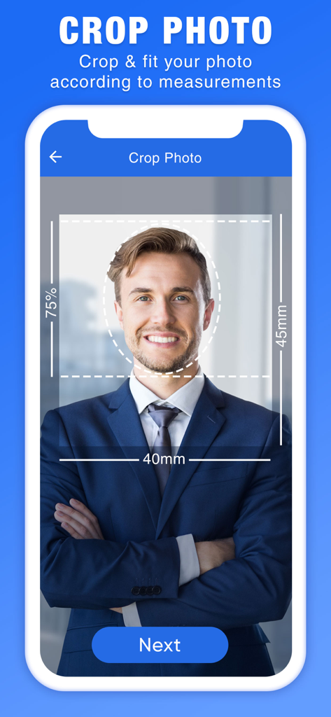 A mobile app screen showing a crop photo tool for passport pictures with precise measurements.