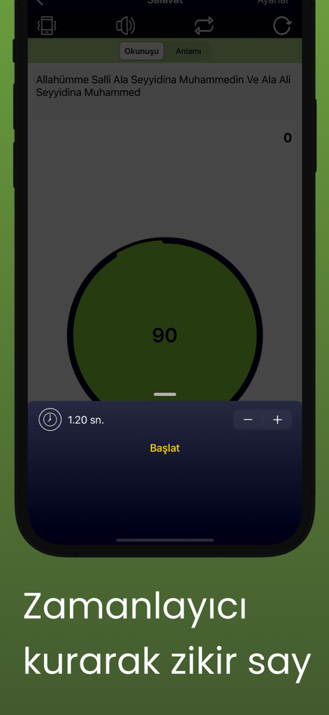 Zikirmatik app interface showing a digital dhikr counter with a timer feature and Salawat prayer.