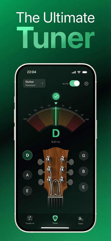 Interfaccia dell'app Tuner Pro che mostra un accordatore per chitarra di precisione con un indicatore a lancetta visivo e la paletta della chitarra
