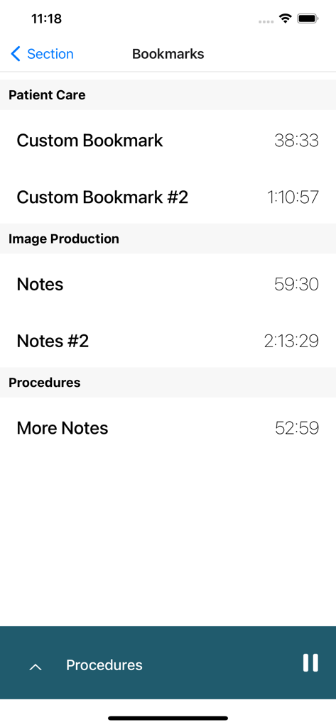 Rad Tech Audio - Capture d'écran de l'écran des signets dans l'application Rad Tech Audio montrant les notes d'étude sauvegardées et les horodatages pour la préparation à l'examen.