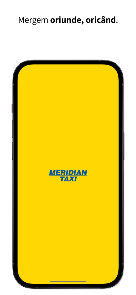 Meridian - Meridian Taxi app splash screen featuring the company logo on a yellow background.