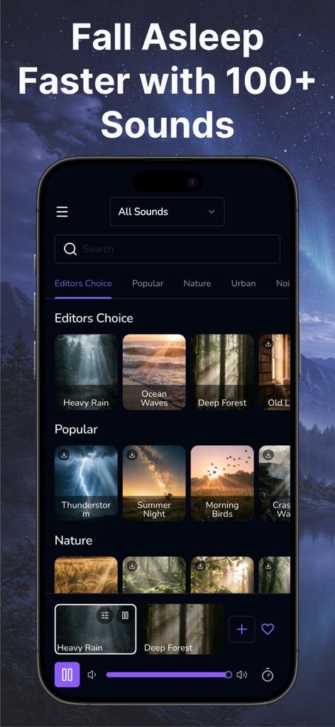 White Noise - Driftly - Driftly app interface displaying a library of nature and ambient sleep sounds