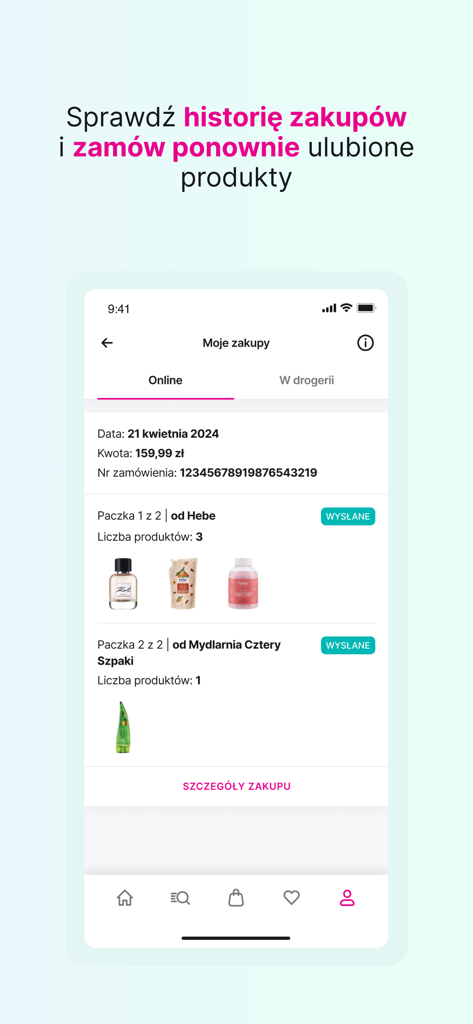 hebe - zdrowie i piękno - Bestellhistorie-Oberfläche der Hebe-Mobil-App mit Bestelldetails und Produktbildern