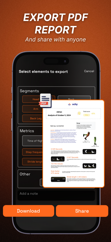 Ochy App-Oberfläche zum Exportieren eines professionellen Lauf-Ganganalyse-PDF-Berichts mit technischen biomechanischen Metriken