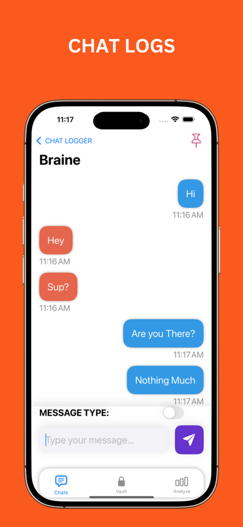 A preview of the Chat Logger interface in the LuvChat Metrics app showing a messaging thread