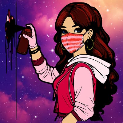 realistic girl with mask spray painting a wall