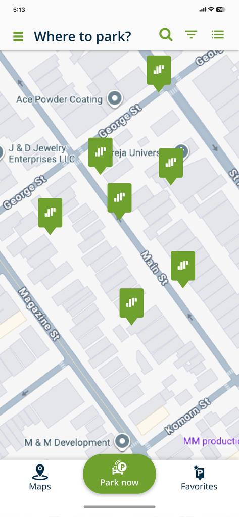 JPass - Map view within the JPass app showing available parking locations marked with green pins.