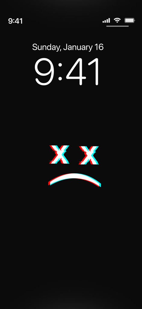 Black minimalist wallpaper with a glitch style sad face emoji for iPhone lock screen