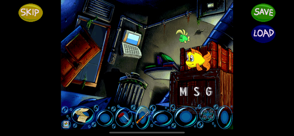 Freddi Fish and Luther explore a dark room for clues in the Hogfish Rustlers adventure game.