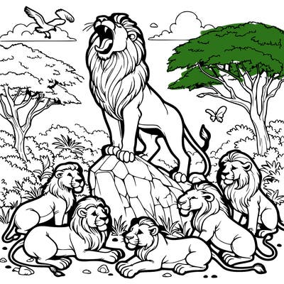 pride of lions roaring on a rock with other animals surrounding the rock