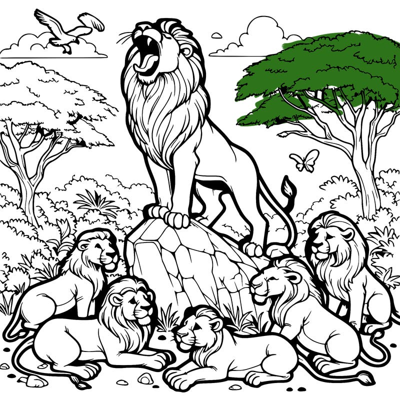 pride of lions roaring on a rock with other animals surrounding the rock