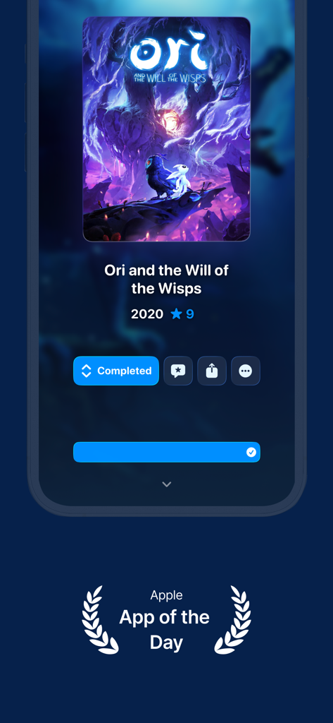 GameTrack app interface showing a completed game entry for Ori and the Will of the Wisps
