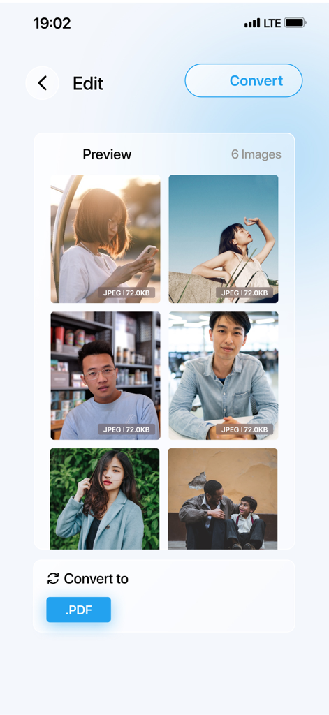 PDF Converter – Photos to PDF - Interfaccia mobile che mostra sei foto selezionate da convertire in un unico documento PDF.