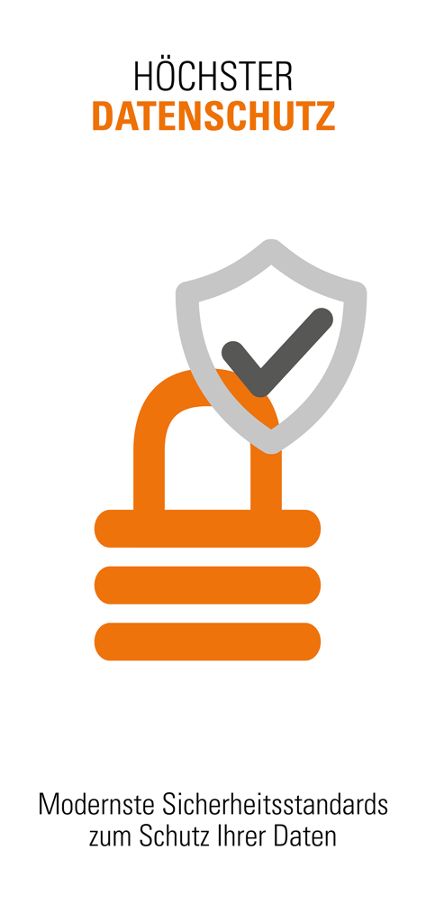 VIACTIV - Service - An orange padlock and a grey shield with a checkmark representing high data security standards in the VIACTIV app