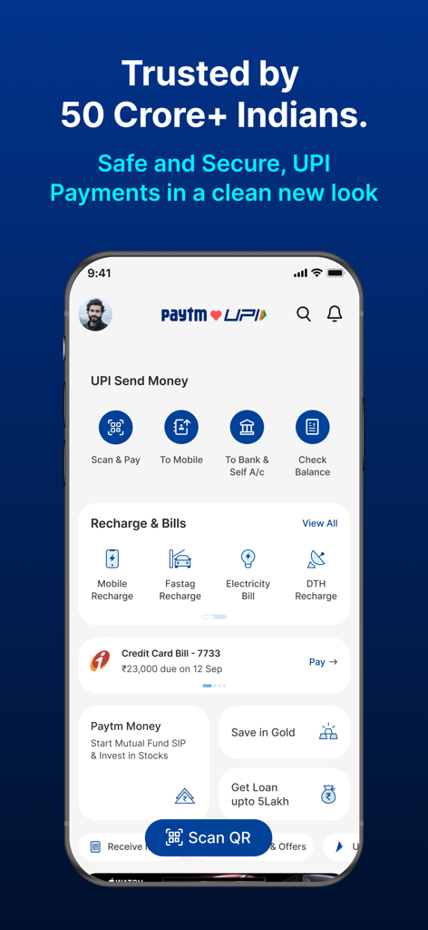 Interfaz de la aplicación móvil Paytm para transferencias de dinero UPI seguras y pagos de facturas de servicios públicos