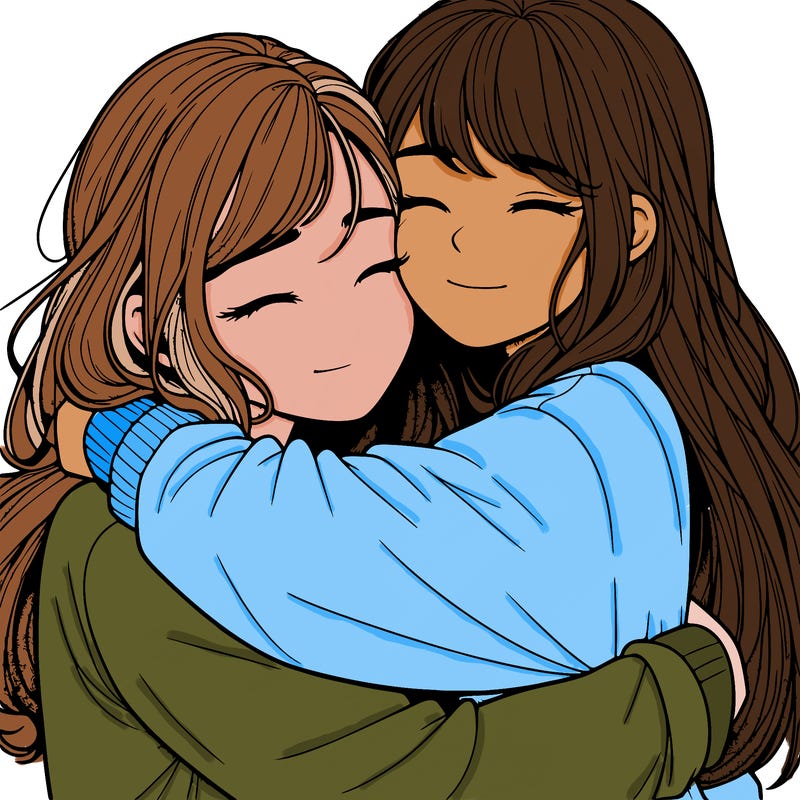 realistic two girls hugging