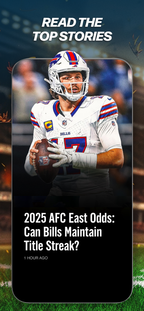 Interface de l'application FOX Sports affichant une nouvelle sur l'équipe NFL des Buffalo Bills et les cotes de paris