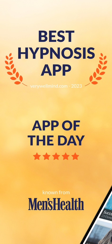 HypnoBox: Hypnosis & Sleep - HypnoBox awards display showing Best Hypnosis App 2023 by Verywell Mind and recognition from Men's Health