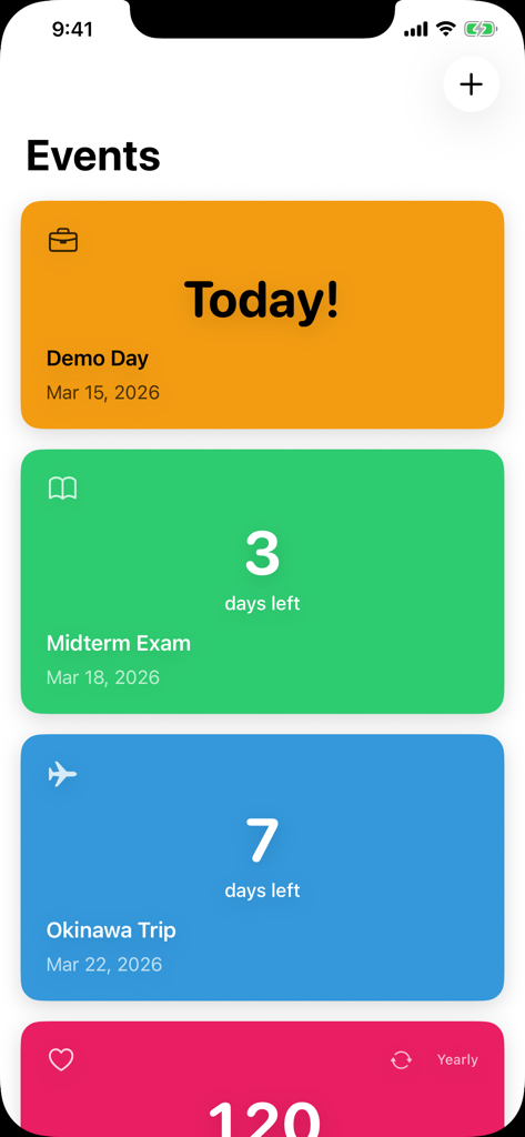 Event Countdown - Days Left - Interface of the Event Countdown app featuring colorful cards for tracking upcoming events and deadlines.