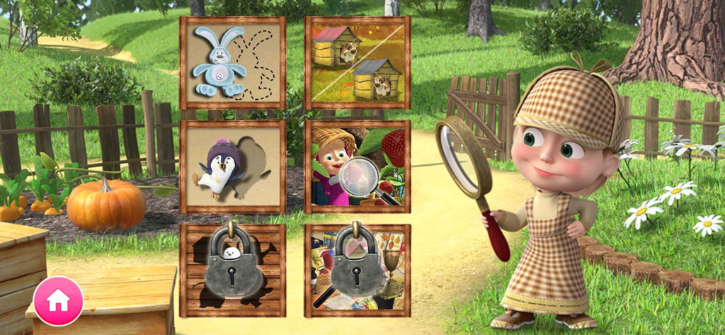 Masha dressed as a detective holding a magnifying glass next to a selection of educational animal puzzles