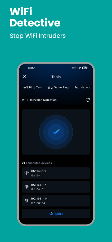 WiFi Speed Tester：NetworkTest - Interface da ferramenta WiFi Detective exibindo uma lista de dispositivos conectados para impedir intrusos na rede