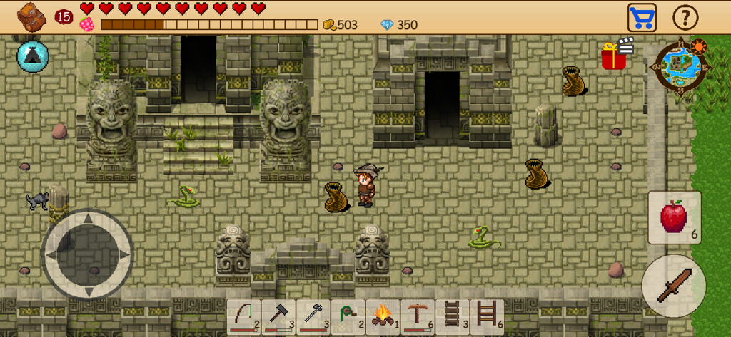 Survival RPG: Open World Pixel - Pixel art character exploring ancient stone ruins in a 2D survival RPG