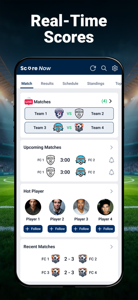 Football Live Score & Stats - Football live score app dashboard showing real time scores upcoming matches and trending soccer players