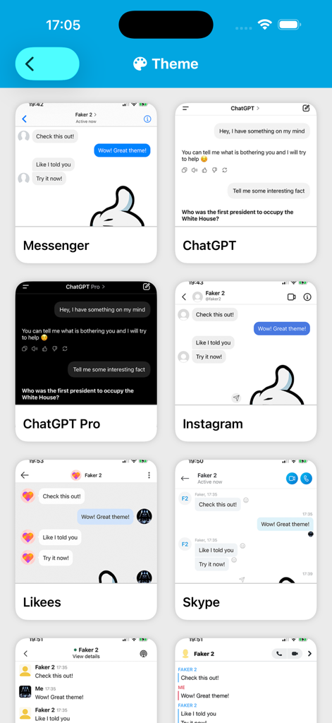 A selection of realistic chat themes for Messenger ChatGPT and Instagram in the Faker 2 app