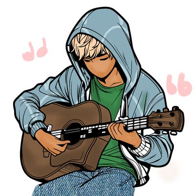 realistic boy in hoodie playing guitar
